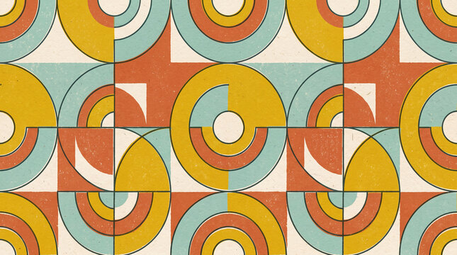 Retro mid century modern geometric seamless pattern with concentric circles and semicircles in muted teal yellow and terracotta orange tones