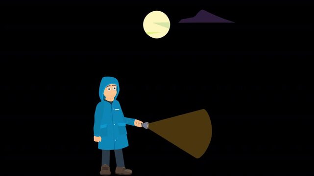 A man with a flashlight at night. Flashlight glow animation, alpha channel. Cartoon