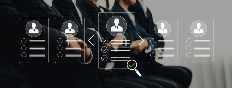 Professional Job Interview Process with Resumes and Candidates in Business Attire Discussing Employment Opportunities with Visual Checkmarks. Glyphic.