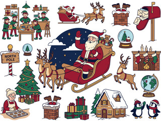 Fototapeta premium Festive Santa Claus and Elves Workshop Detailed Christmas Toy Factory Vector Illustration