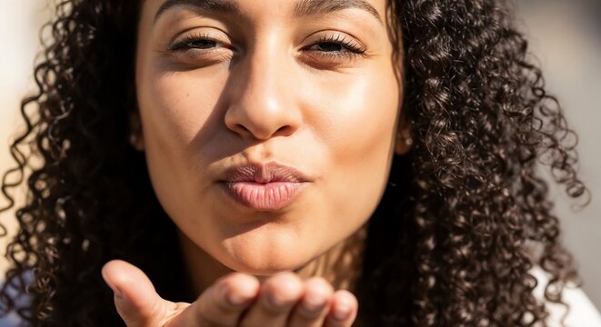 blowing a kiss portrait of smiling young woman with curly hair, closeup blowing a kiss gesture capturing puckered lips and hand motion toward camera,