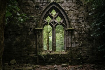 Fototapeta premium Gothic arch window in a moss covered stone ruin overlooking a vibrant green forest