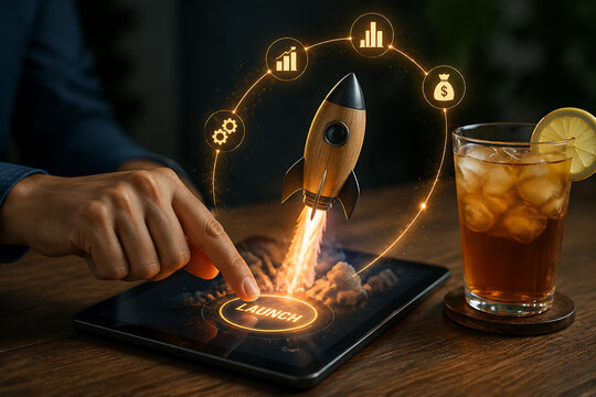 Businessman Finger Pressing Digital Launch Button on Tablet Screen Triggering Rocket Blast Off Symbolizing Strategic Product Release and Growth