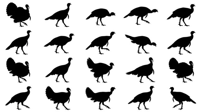 A collection of turkey silhouette icons featuring various thanksgiving bird poses as a black silhouette isolated vector for poultry farm bird