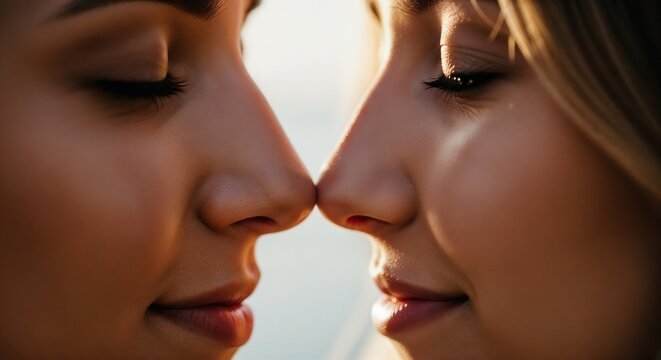 Couple nose touching closeup of two women with eyes closed, soft golden backlight highlighting skin texture and eyelashes, couple nose touching intimate gentle moment conveying tenderness and trust,