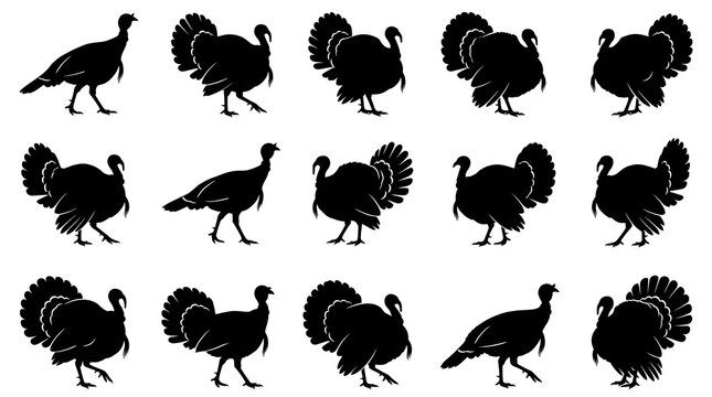 A collection of turkey thanksgiving turkey silhouette bird silhouette thanksgiving bird poultry farm bird animal silhouette black silhouette isolated vector graphics