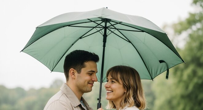 couple under umbrella in park, smiling couple under umbrella sharing close embrace and soft gaze among green trees and gentle rain,