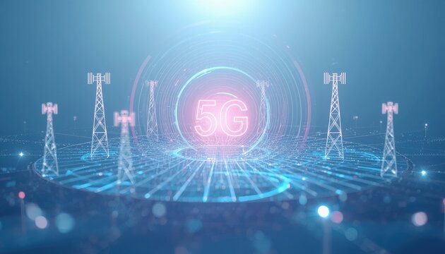 Futuristic 5g network concept with cell towers and glowing digital data streams futuristic technology wireless communication network connection data transmission glow light radio wave data flow