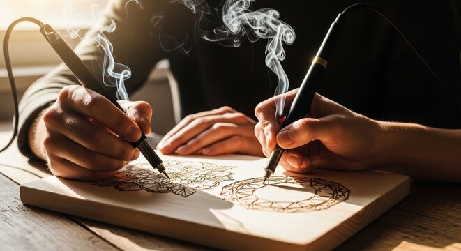 woodburning hands , close-up of pyrography tools,  curling smoke 