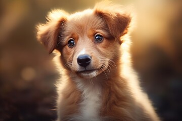 Fototapeta premium Cute fluffy puppy standing with golden hour light illuminating its fur