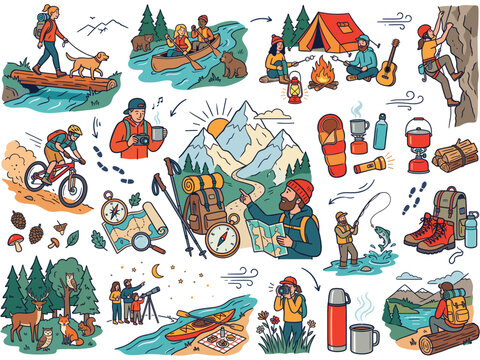 Colorful Collection of Outdoor Adventure Illustrations Featuring Camping, Hiking, Kayaking, and Nature Activities