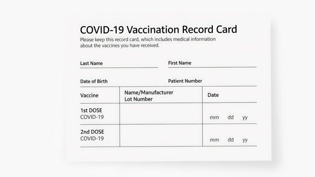 Blank covid-19 vaccination record card form for tracking immunization doses and medical history with vaccination