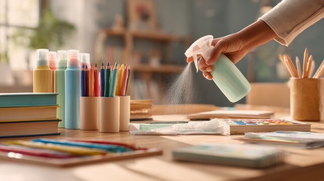Disinfecting a desk with cleaning spray, sanitizing school supplies for hygiene. A hand sprays disinfectant onto a desk covered with school supplies, promoting clean and healthy learning environment