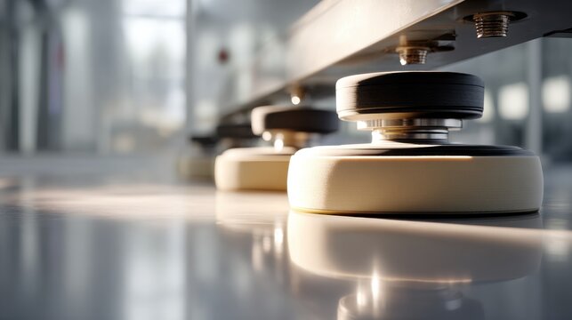 Close-up of industrial cleaning machine pads on a polished floor. Detail of multiple buffing pads attached to a cleaning machine, ready for floor maintenance in a commercial space