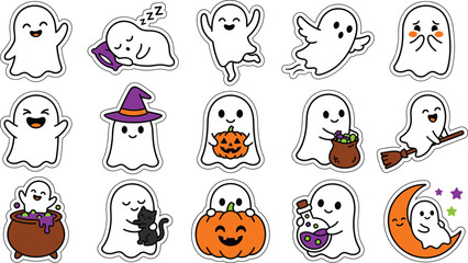 Fototapeta premium Set of cute ghost stickers for halloween