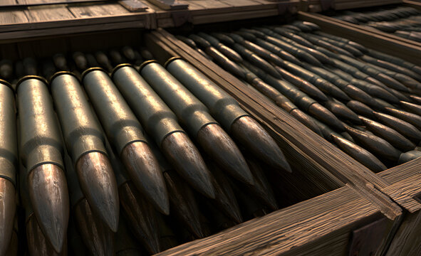 Artillery shells on crates, rendered in 3D.