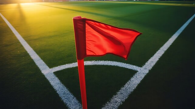 A bright red corner flag on a green soccer field with white lines during a sunny afternoon with long shadows stretching across the lush grass
