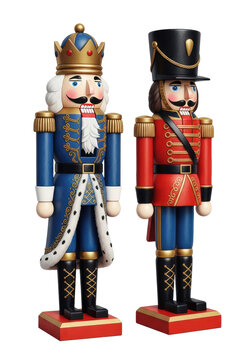 Two classic christmas nutcracker soldiers (king in blue, guard in red) in a detailed photorealistic watercolor illustration style on textured paper, isolated on a transparent studio background.