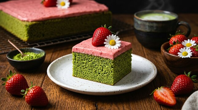 Fresh Green Matcha Cake Slice Topped with Strawberry and Daisy Flower on White Plate in Rustic Setting