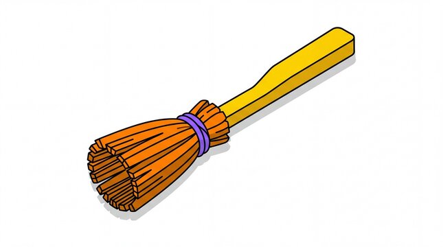 Isometric 3D blocky magic broom stick, retro pixel art Halloween witch accessory