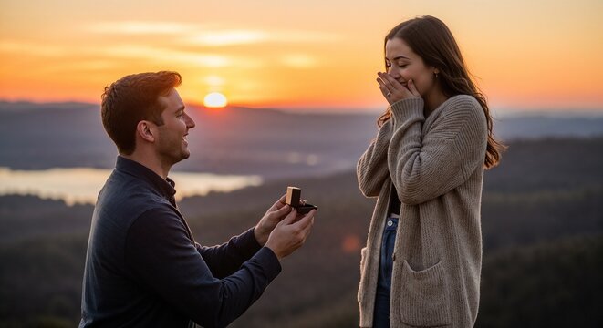 Sunset proposal with man kneeling holding engagement ring to surprised partner on ridge, golden hour glow over scenic landscape, candid tears and laughter, intimate romantic mood for love campaigns,