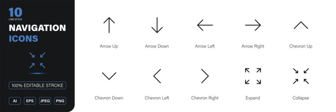 navigation icon line style arrow interface direction editable stroke vector set