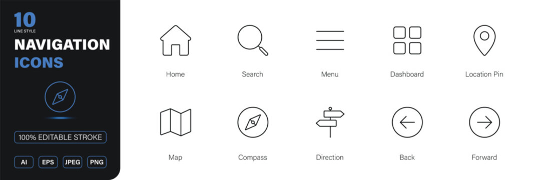 navigation icon line style location direction home search menu editable stroke vector set