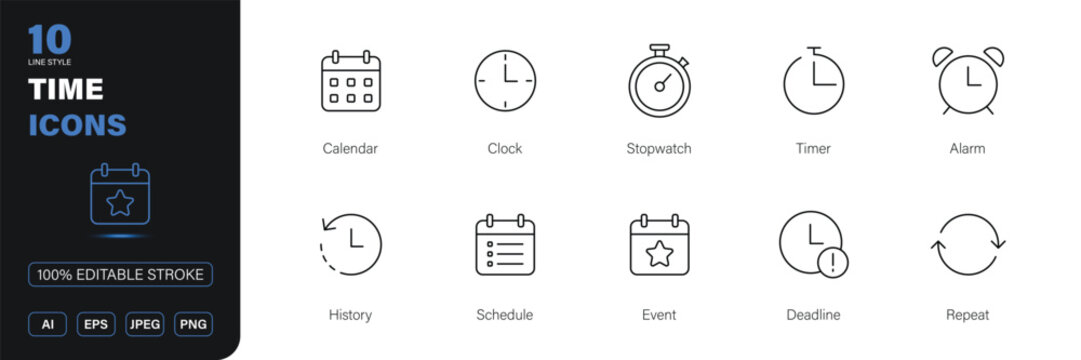 time icon line style calendar clock stopwatch editable stroke vector set