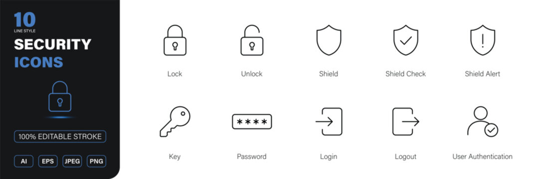security icon line style cybersecurity access privacy protection editable stroke vector set