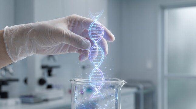 Scientist Examining Digital DNA Helix Projection Emerging from Laboratory Glassware in Modern Research Facility