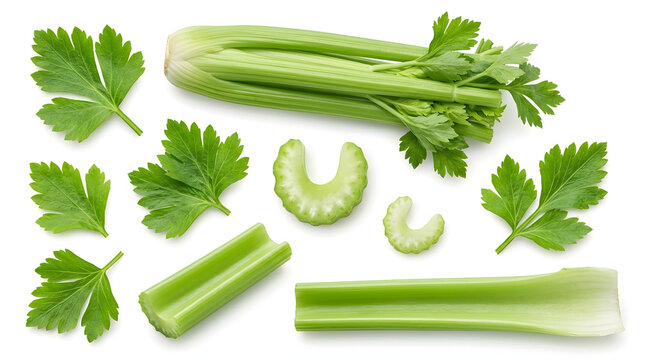 celery  : Fresh green celery stalk with chopped slices and leaves on a white background