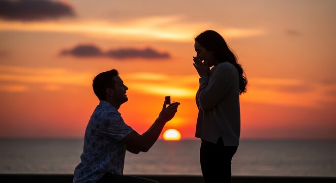  silhouette of couple at ocean sunset with kneeling man offering ring, romantic proposal during golden hour,