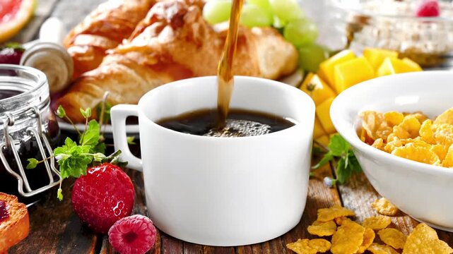 coffee being poured into cup with breakfast spread of fruits and croissant
