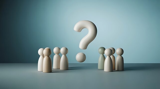 A group of light wooden peg dolls gathered around a large white question mark on a muted blue surface representing a team seeking for answers