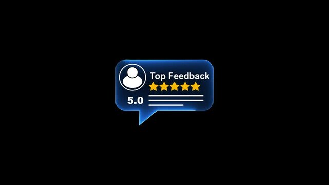 5-star customer feedback notification animation with glowing blue speech bubble on black background review