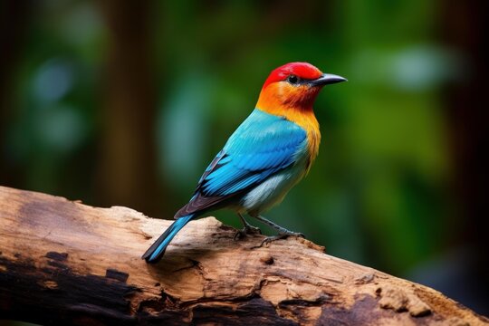 Tropical bird with vibrant plumage perching on bark in a natural habitat