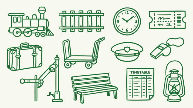 A collection of charming green line art illustrations depicting various elements associated with train travel and stations.