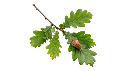 Green oak tree branch with lush leaves and acorn isolated on transparent background © Rory Robinson