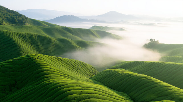 Breathtaking Morning Sunrise Over Lush Green Tea Plantation Fields Surrounded by Ethereal Rolling Clouds and Distant Mist Covered Mountains