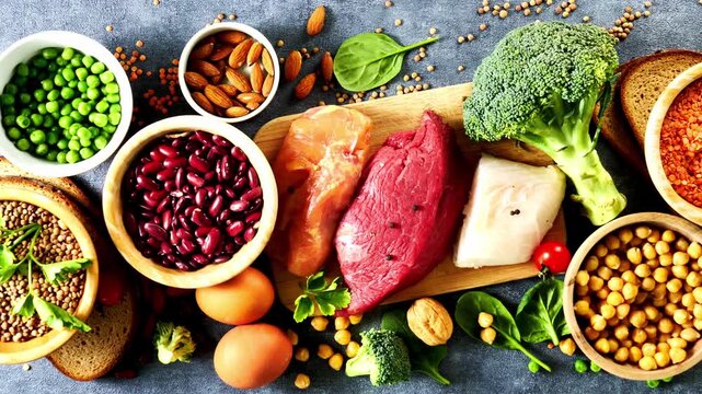 assorted protein sources including meat, cheese, eggs, beans and nuts