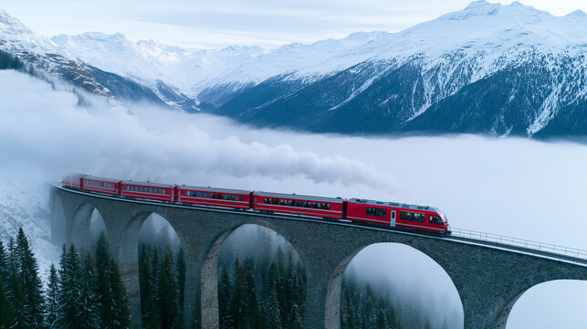 Stunning panoramic view of a iconic bright red train crossing a high stone arch viaduct surrounded by majestic snow-capped alpine mountains and dense mist