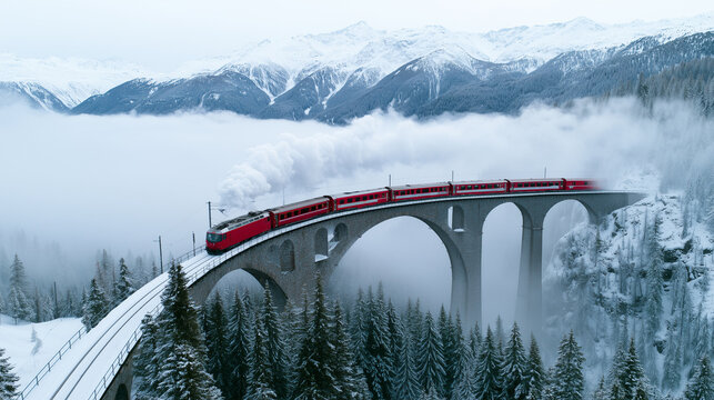 Scenic Red Passenger Train Crossing a Majestic Stone Viaduct Through Snowy Alpine Mountains in Winter Fog