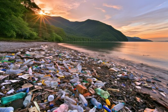 Plastic waste and debris scattered along a lakeshore at sunset, with mountains and trees visible in the background, highlighting environmental pollution issues