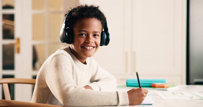 Face, child and headphones in house with homework, cognitive development or listen to music playlist. Happy, boy and kid study in home with school task, education and audio tech for streaming radio.