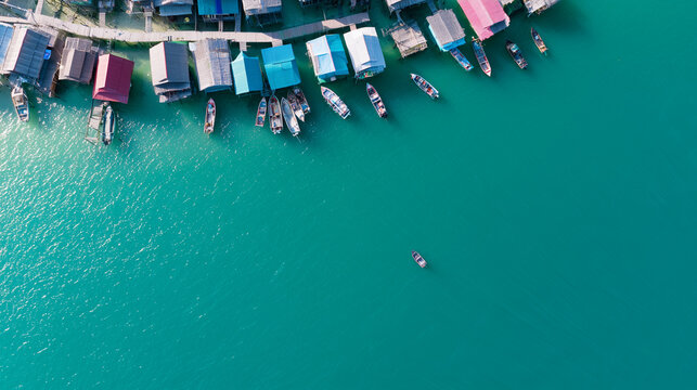 Aerial View of Traditional Floating Village Houses Built Over Calm Turquoise Tropical Sea Water