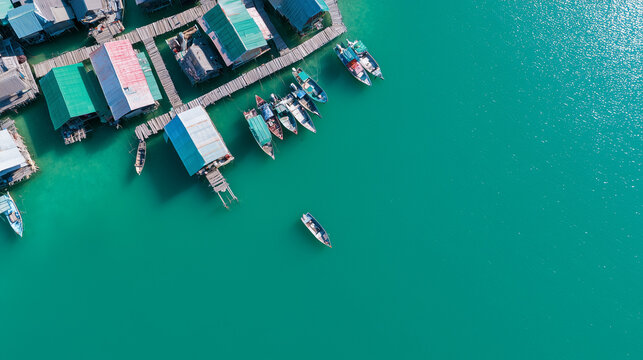 Aerial View of Floating Wooden Houses and Small Boats on a Stunning Turquoise Lake in a Scenic Rural Coastal Village Setting