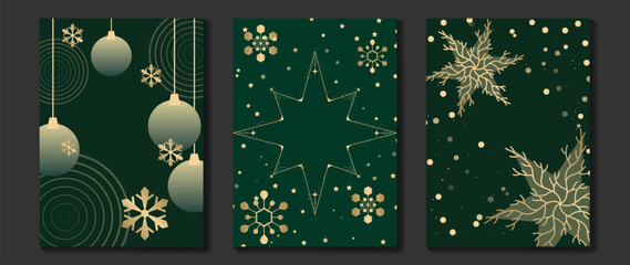 Fototapeta na wymiar Merry Christmas and Happy New Year vector poster templates set. Dark green and gold ornaments, snowflakes, stars and botanical branches for elegant holiday greeting cards