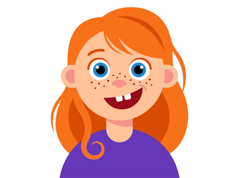 Cute Redhead Girl Cartoon with Freckles and Missing Tooth Vector Portrait