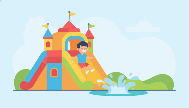 Cheerful little boy sliding down a colorful inflatable water castle slide into pool on a bright sunny day.