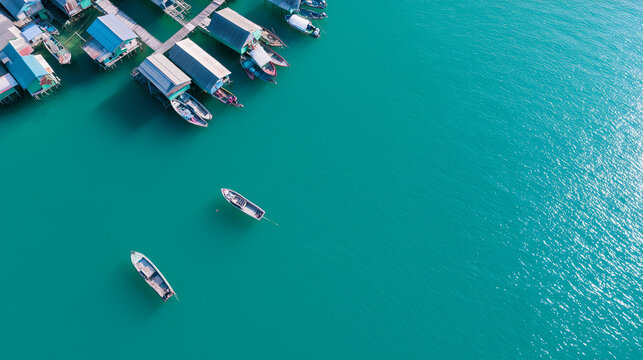 Aerial View of Traditional Wooden Stilt Houses and Small Boats Floating on Vibrant Turquoise Tropical Water in Southeast Asia